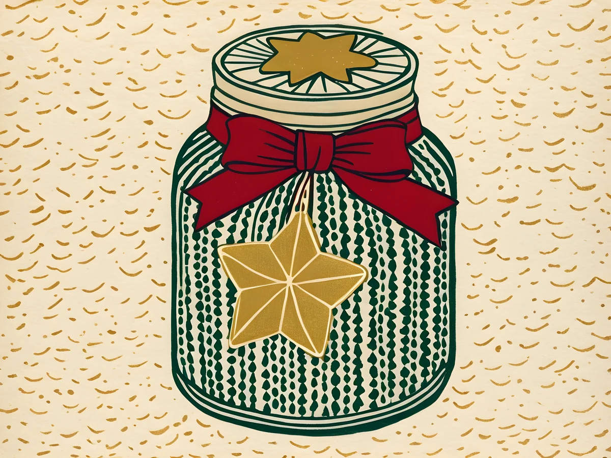 Folk-print illustration of a honey jar wrapped in star-patterned paper with a red bow and a blank gift tag.