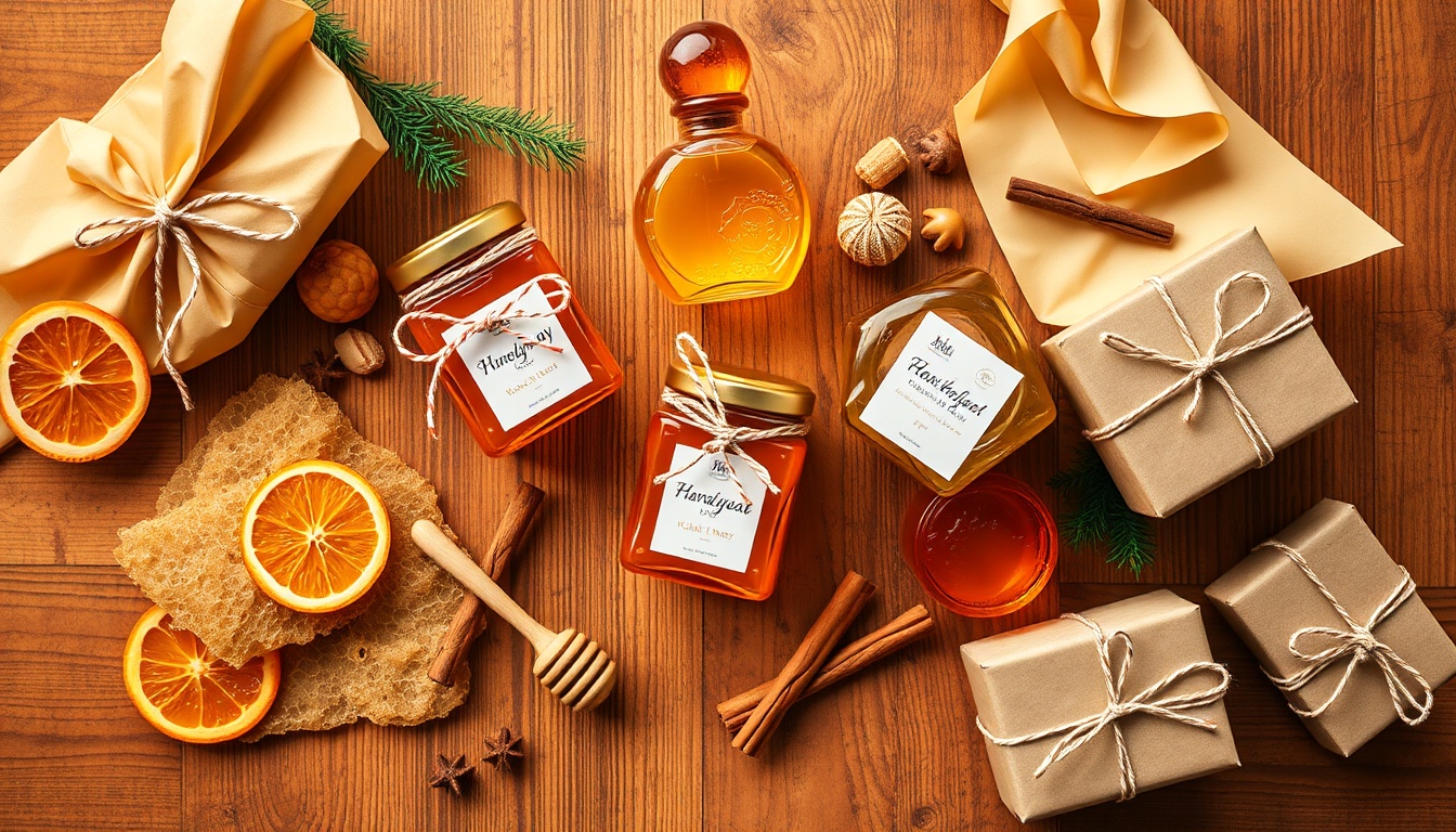 Elegant holiday honey gift collection with premium artisanal honey jars, honeycomb, dried orange slices, cinnamon sticks, and festive ribbons on a warm wooden table