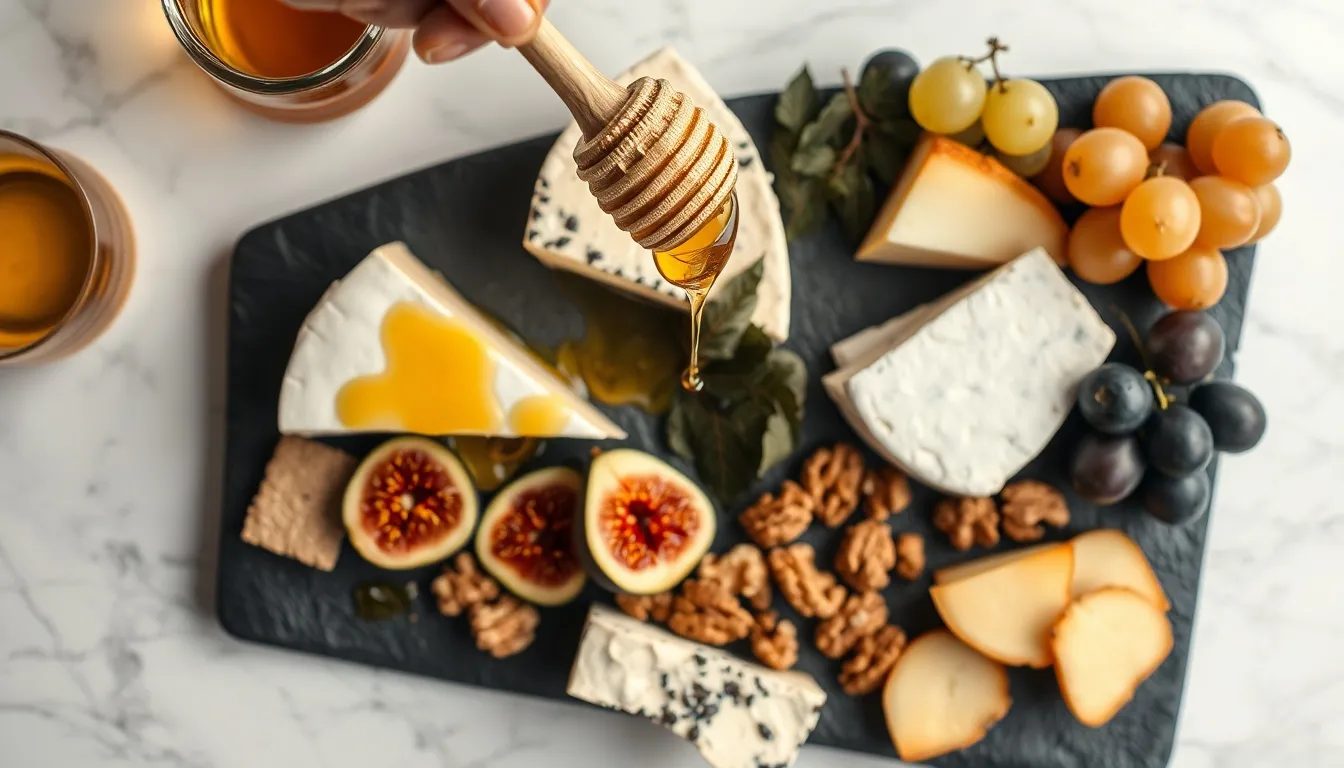 Crystal-clear acacia honey drizzled over artisan cheese board with brie, manchego, figs, and walnuts on dark slate