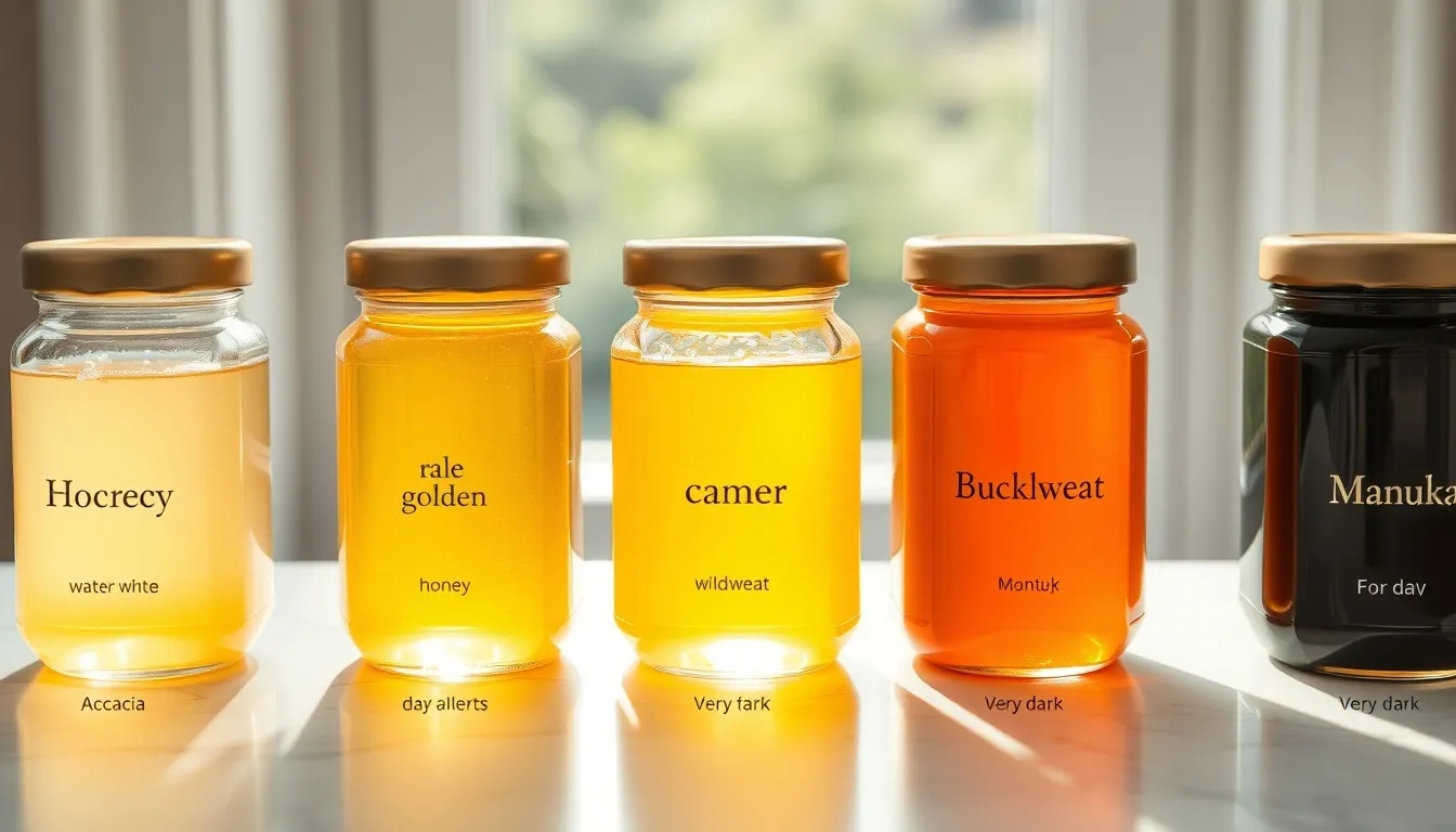 Five honey varieties in glass jars backlit to show color gradient from water-white acacia to dark Manuka