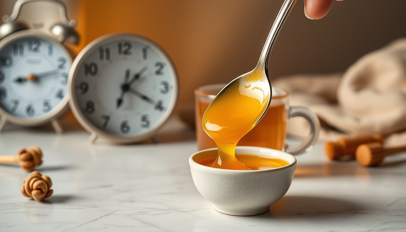 Spoonful of golden raw honey being lifted from a ceramic bowl with honey-lemon-ginger tea in background