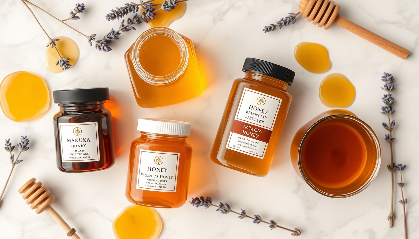 Four premium honey varieties for skincare: dark Manuka, golden wildflower, pale acacia, and deep buckwheat honey on white marble