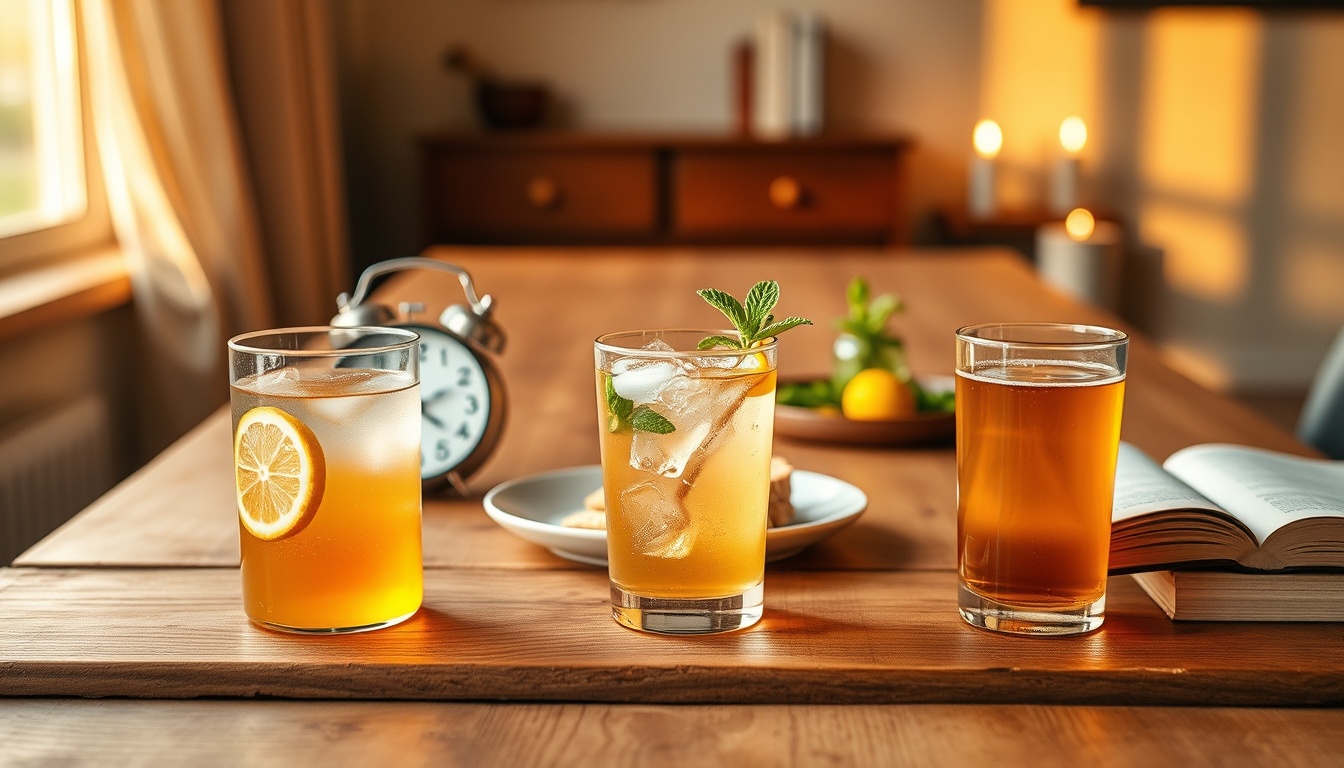 Three honey-ACV drinks showing morning, midday, and evening routines