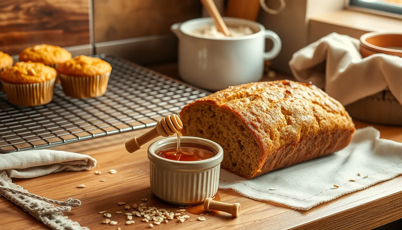 Freshly baked honey muffins and honey wheat bread cooling on kitchen counter with golden honey ramekin