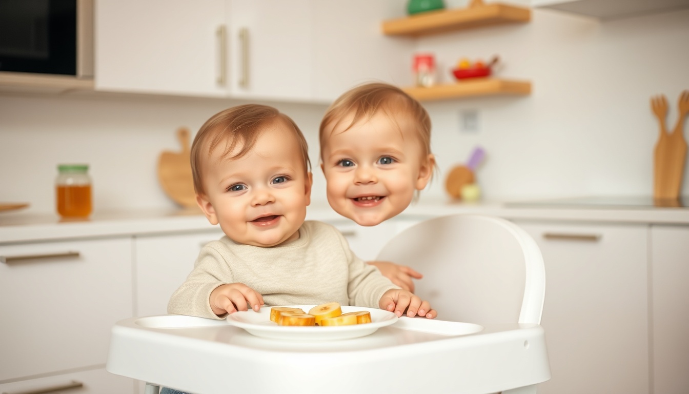 Safe infant feeding scene in a bright modern kitchen with toddler in high chair and honey stored safely out of reach