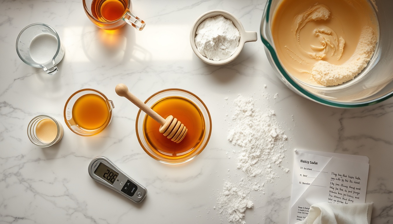 Baking preparation with honey, measuring cups, and ingredients on marble counter