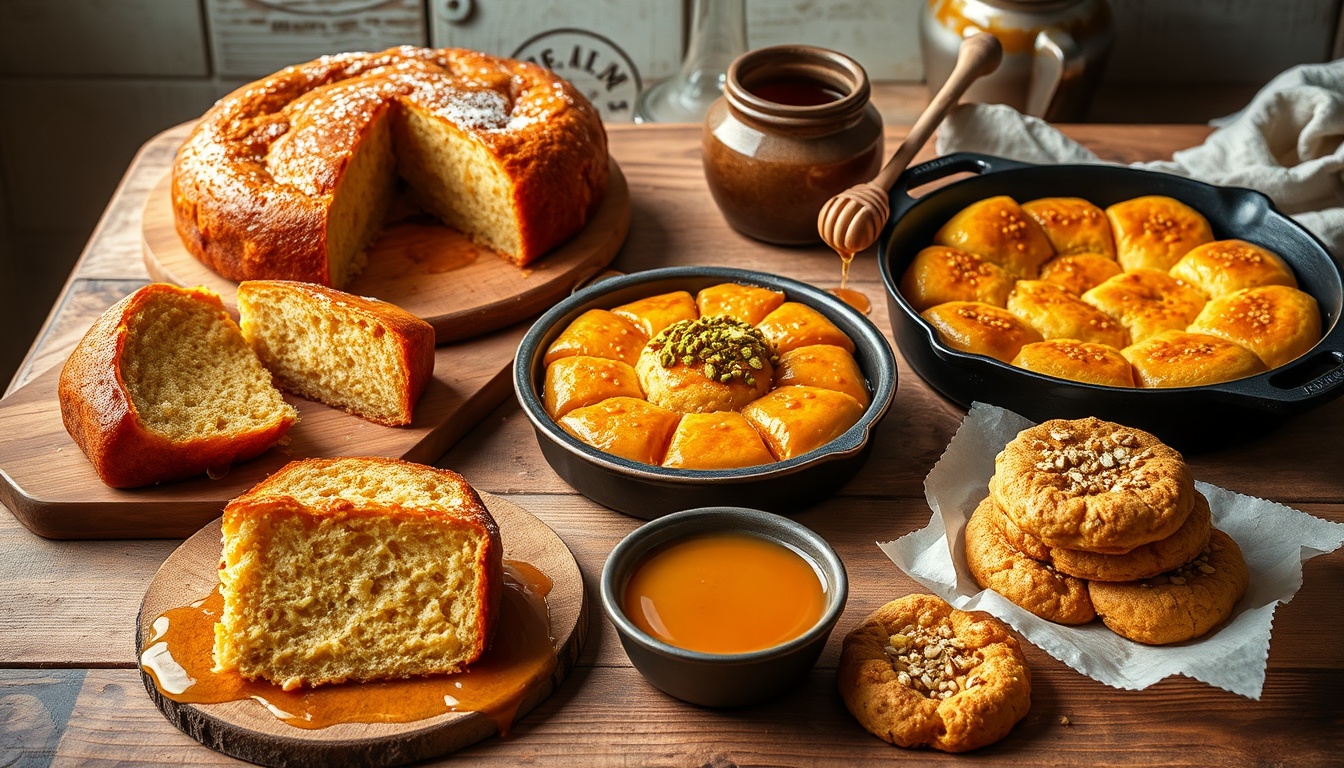 Honey cake, baklava, cornbread, and honey oat cookies on rustic display