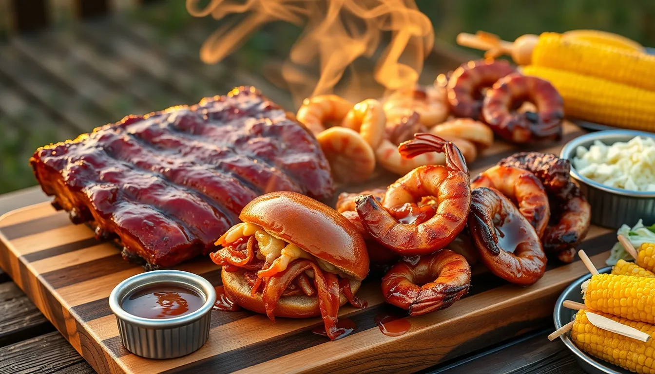 Honey BBQ glazed baby back ribs, pulled chicken sliders, and grilled shrimp skewers on wooden board