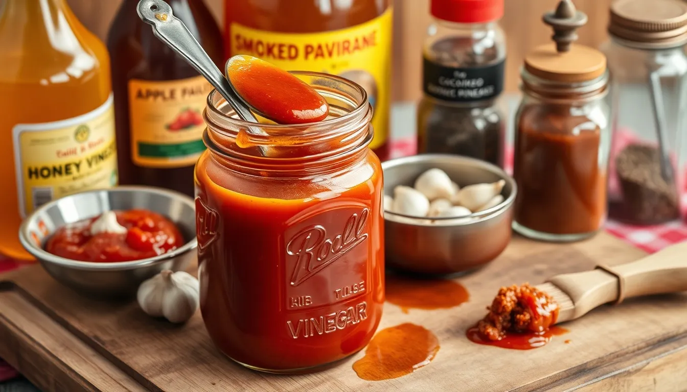 Homemade honey BBQ sauce in mason jar with key ingredients including honey, tomato paste, and spices
