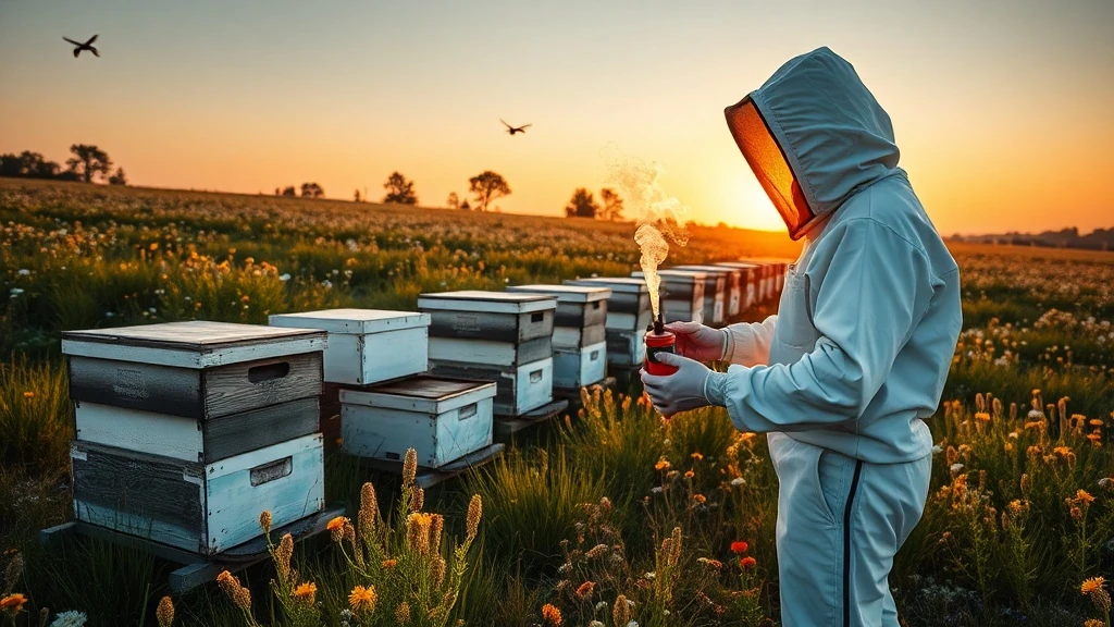 Beekeeper in protective suit tending Langstroth hives in a flowering meadow