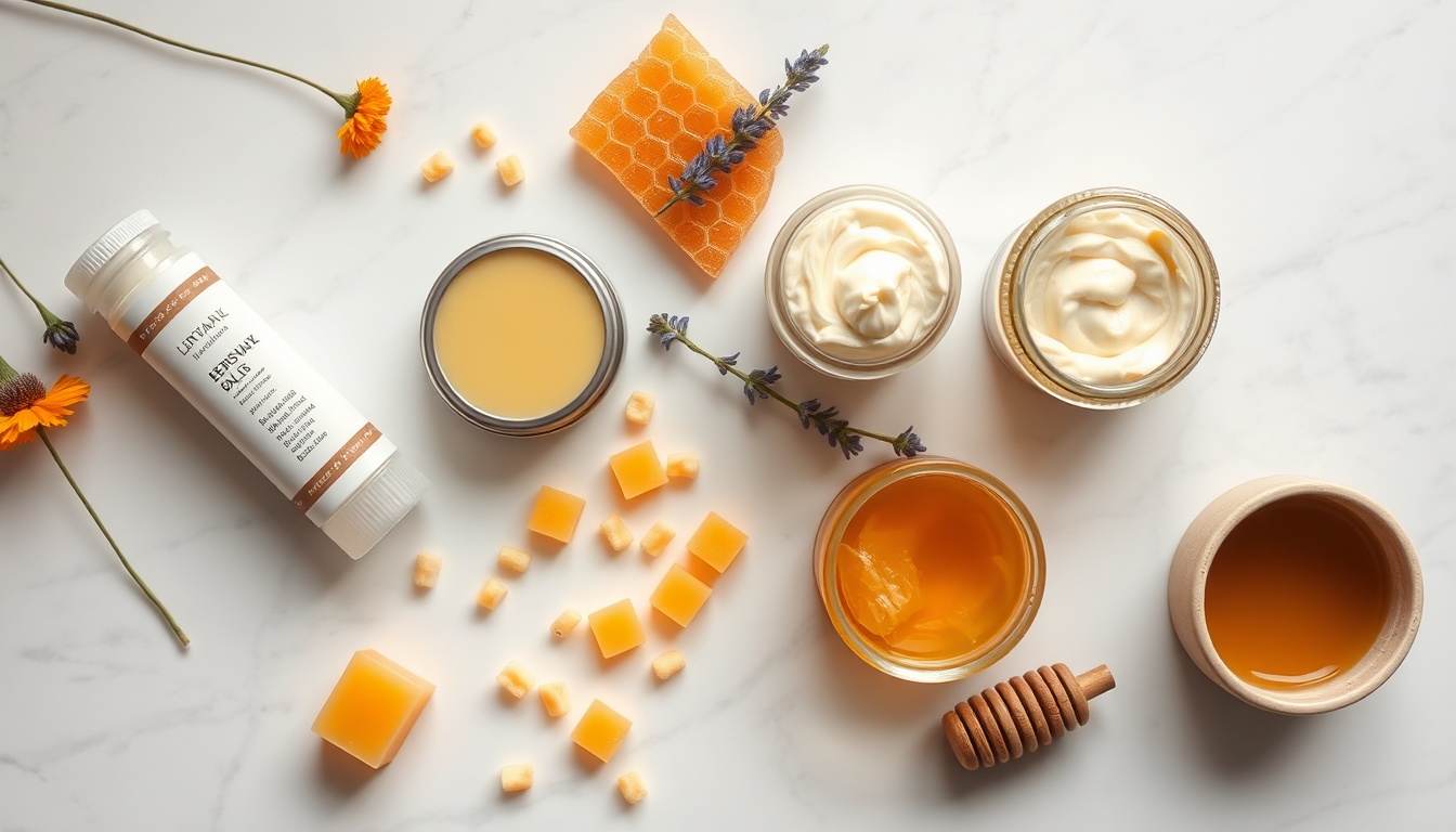Natural beeswax skincare products flat lay with lip balm, salve, body butter, and dried flowers on white marble