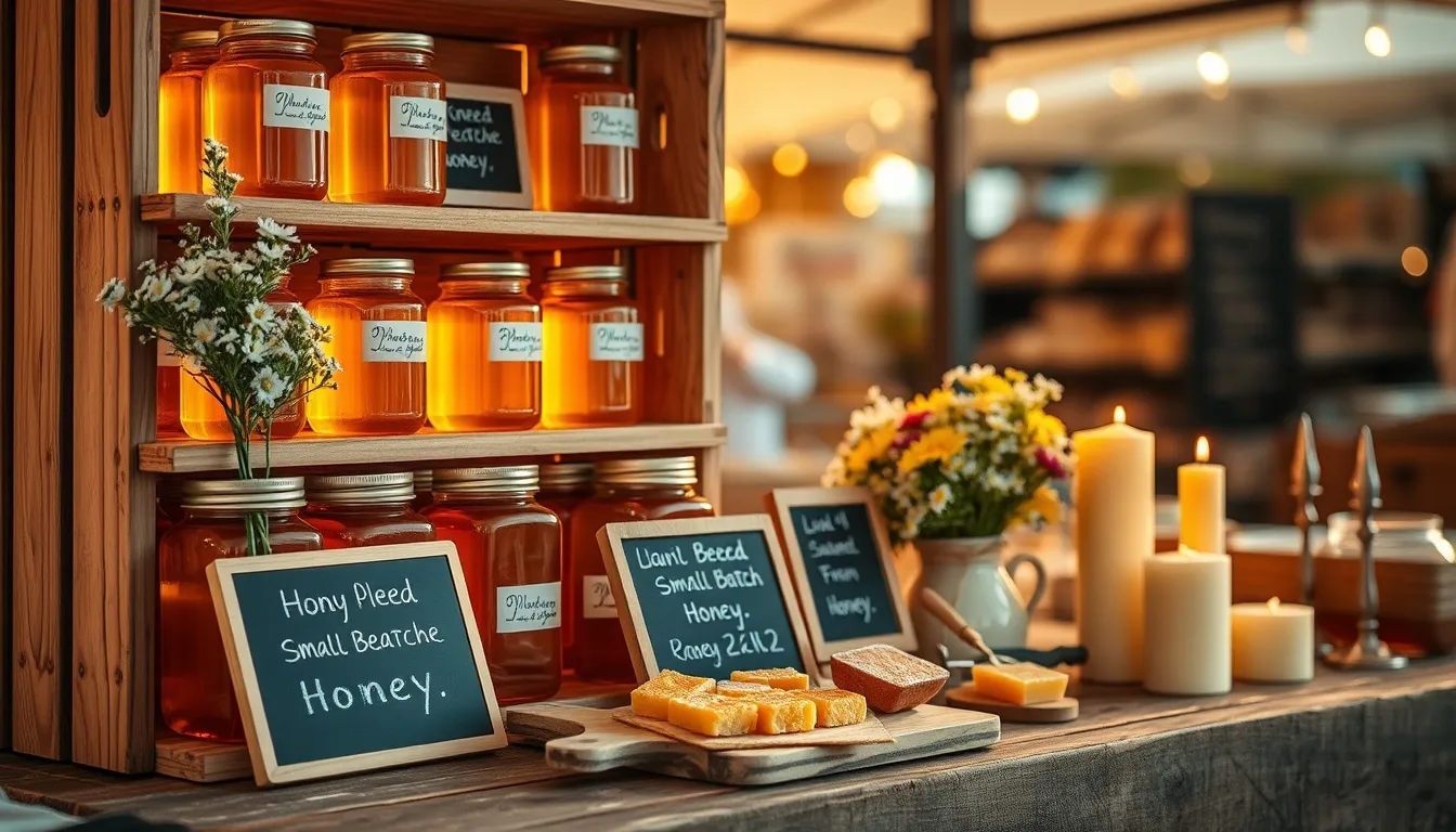 Local beekeeper at farmers market stand displaying small-batch honey in mason jars with handwritten labels