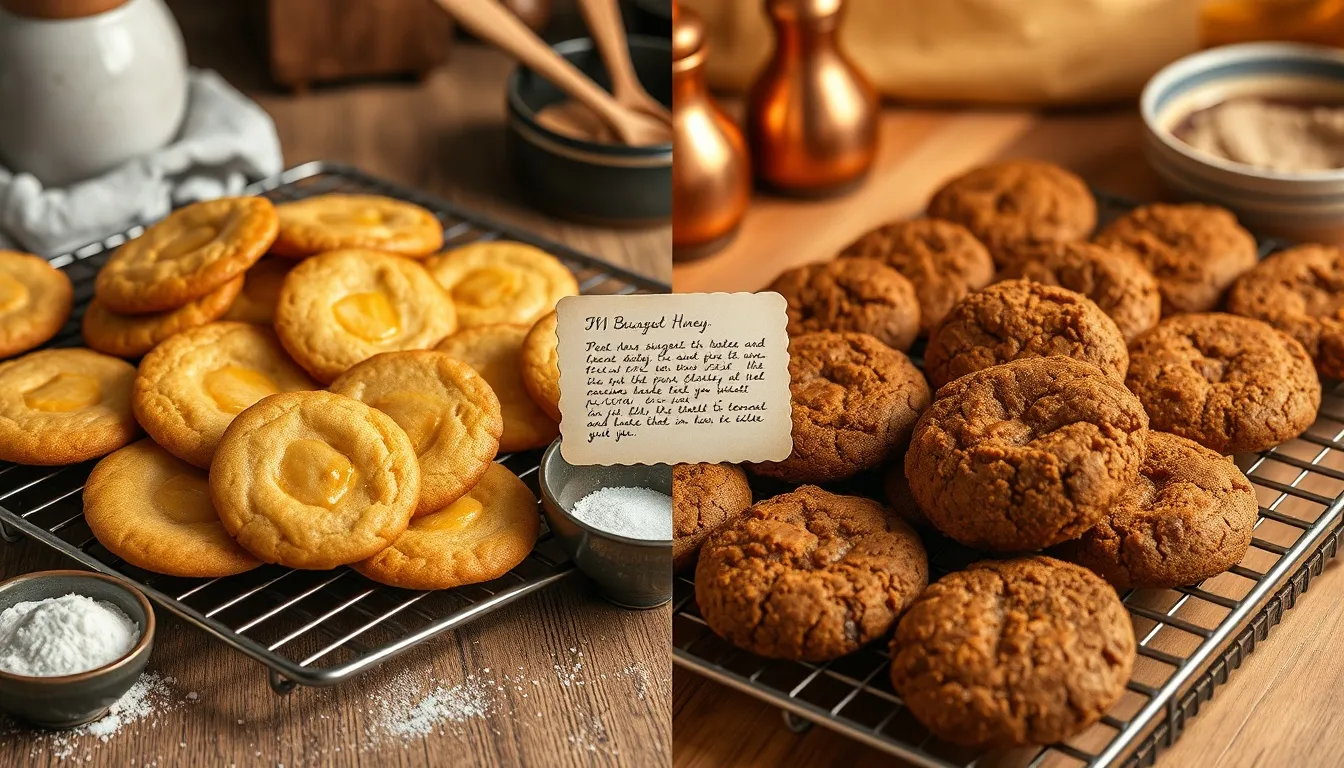 Baking comparison showing golden honey bread and cookies versus darker brown sugar cookies and banana bread