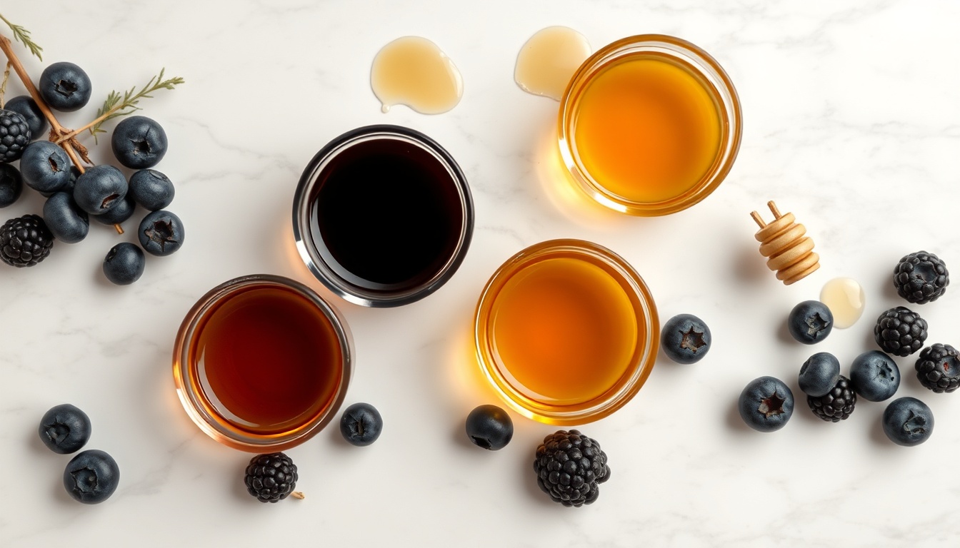 Four honey varieties in glass bowls from pale clover to dark buckwheat, showing antioxidant color gradient with fresh berries