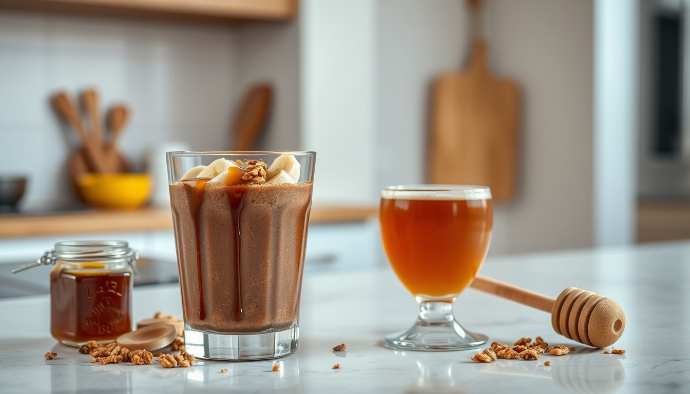 Dark chocolate protein smoothie topped with buckwheat honey drizzle and banana slices for post-workout recovery