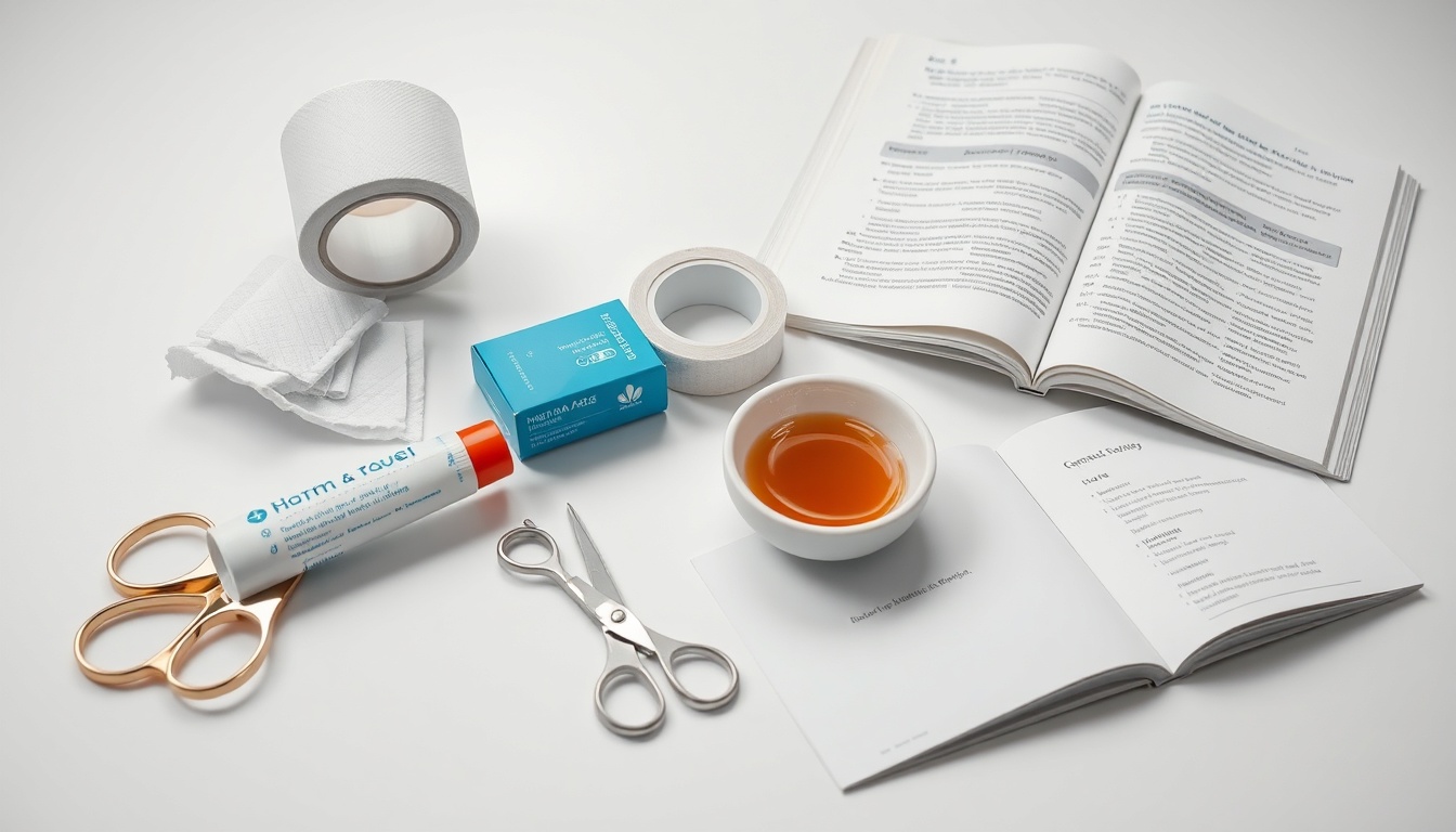 Professional burn care supplies: sterile gauze, medical honey gel, scissors, and first aid manual on clinical surface