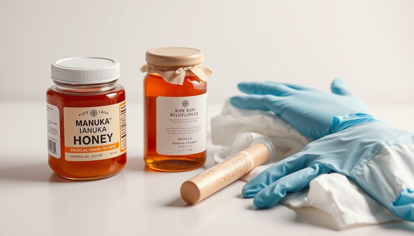 Three honey products for burn treatment: Manuka UMF jar, medical-grade honey tube, and raw wildflower with sterile gauze