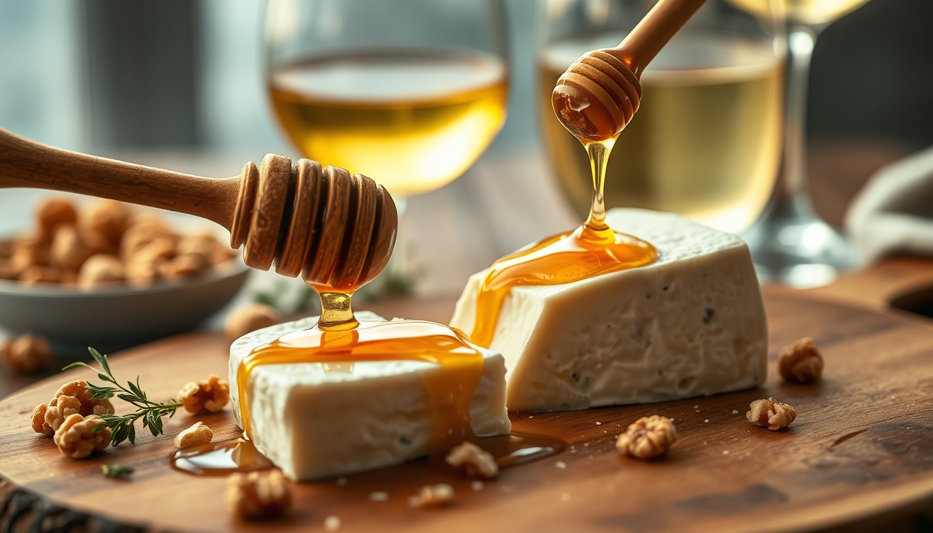Golden honey being drizzled onto creamy brie cheese with walnuts and herbs