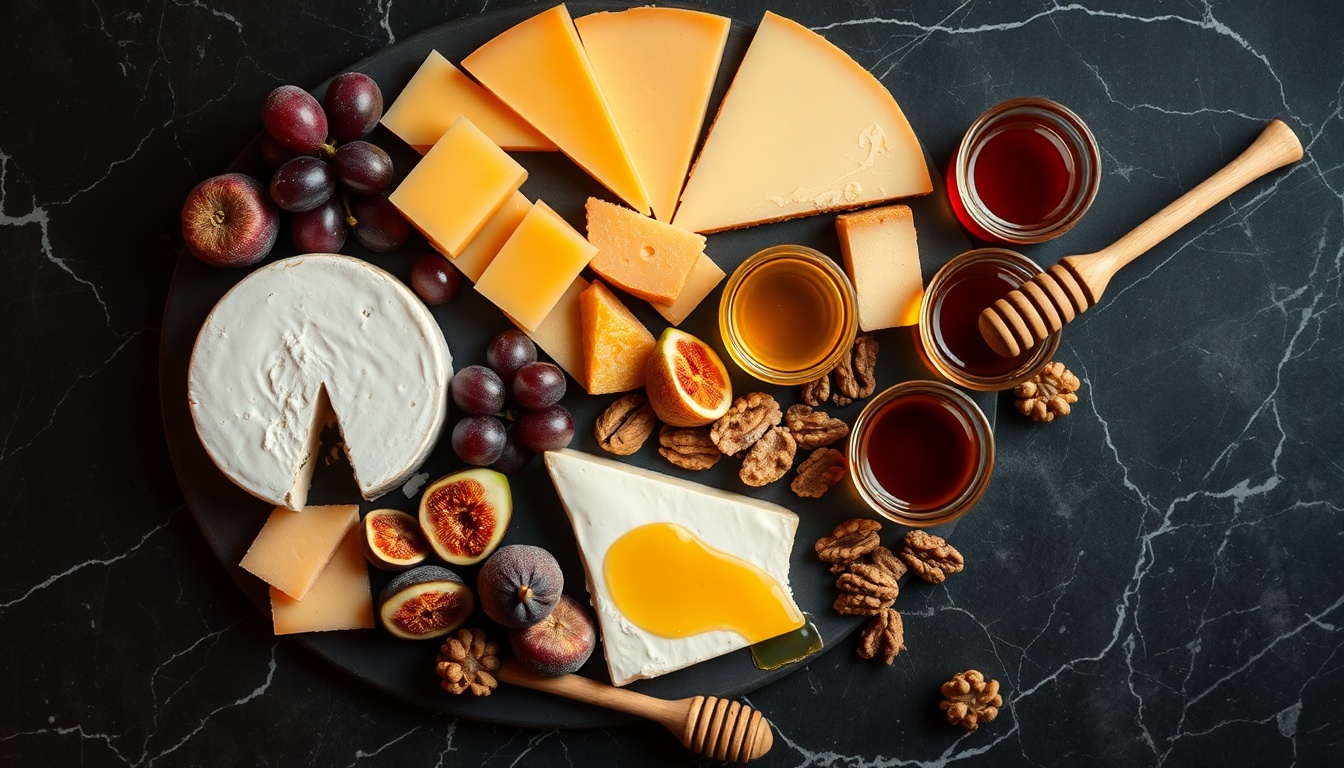 Elegant honey and cheese board with artisanal cheeses, honey varieties, fresh figs, and honeycomb on dark marble