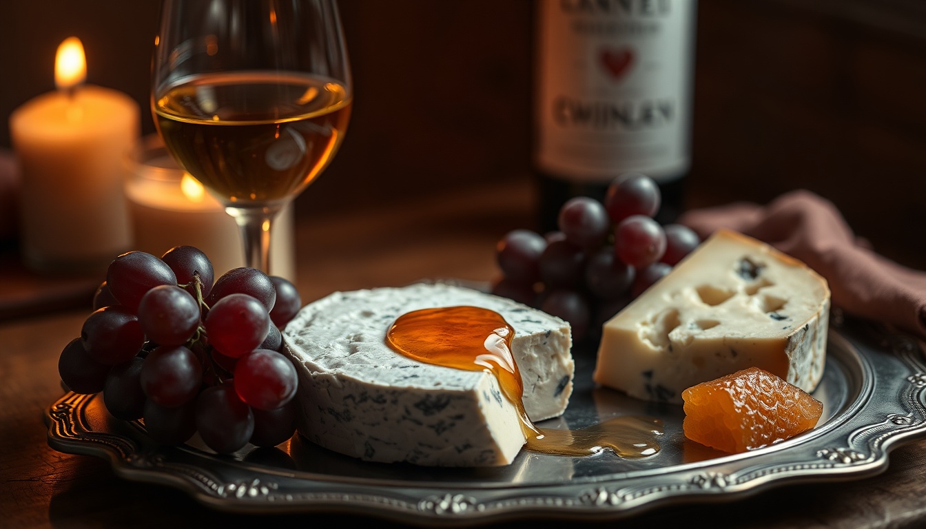 Wine and cheese pairing with honey, blue cheese, and dessert wine