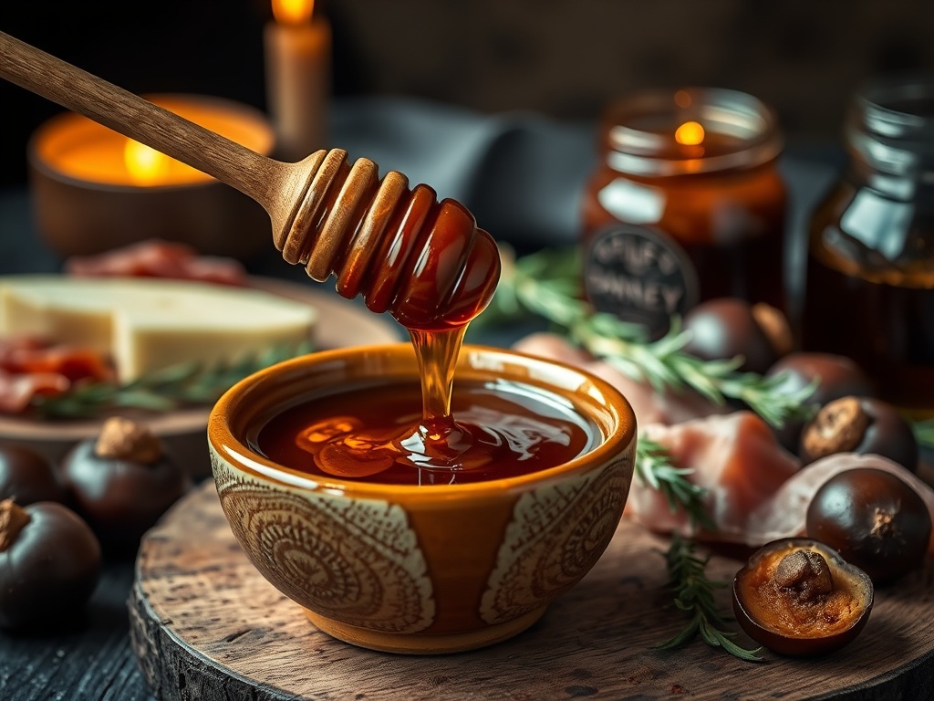 Dark chestnut honey with wooden dipper, aged Pecorino cheese, prosciutto, and roasted chestnuts