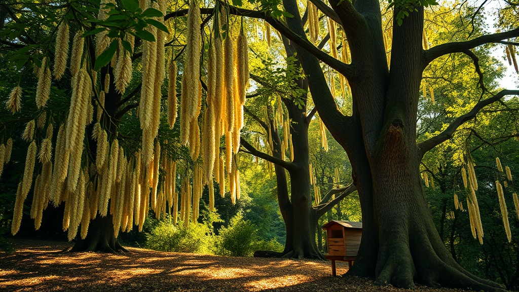 Italian chestnut forest in full bloom with honey bees foraging on white chestnut catkin flowers