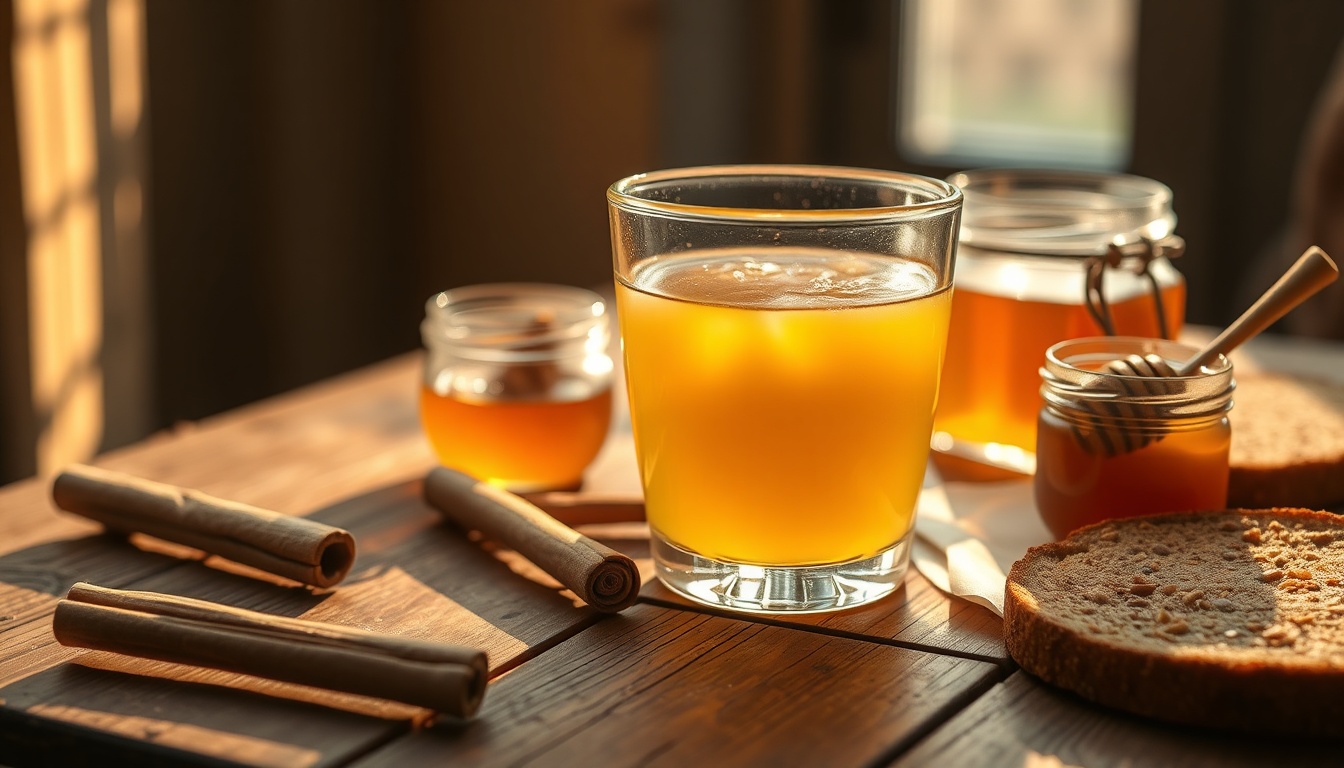 Golden honey-cinnamon warm water drink with Ceylon cinnamon sticks and raw honey in morning light