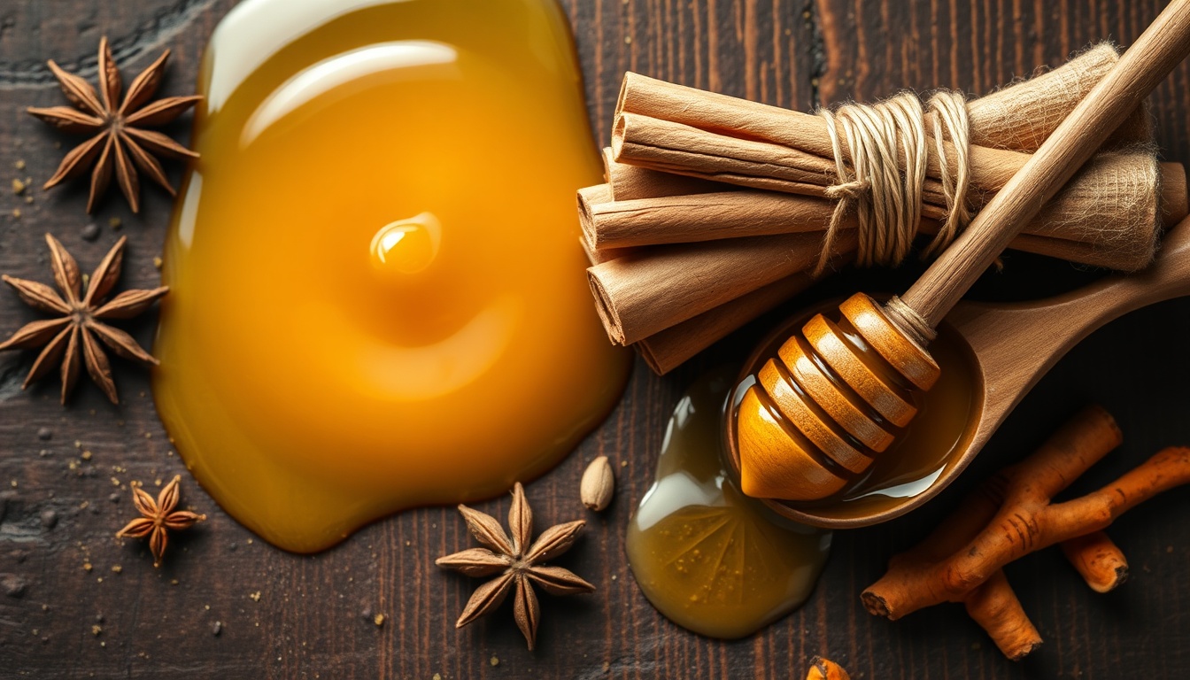 Ceylon cinnamon sticks with flowing golden honey, star anise, and cardamom on dark wood