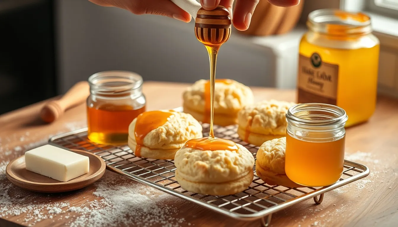 Clover honey being drizzled over freshly baked golden biscuits on a rustic kitchen counter