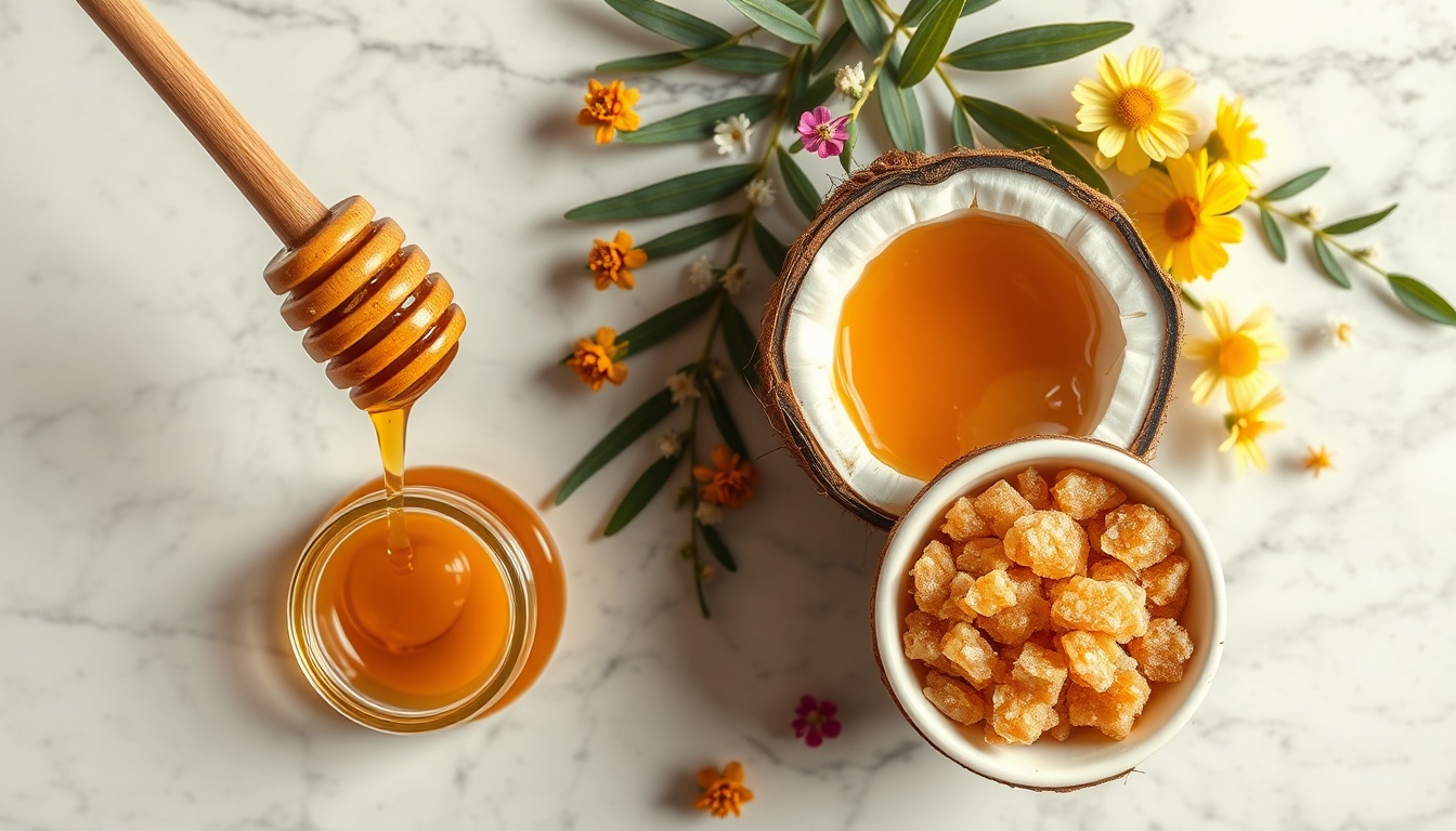 Side-by-side comparison of raw honey with honeycomb versus coconut palm sugar, showing two natural sweetener origins