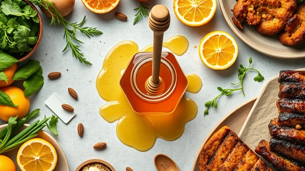 Kitchen scene with honey jar, baked goods, and fresh ingredients showing honey's culinary versatility