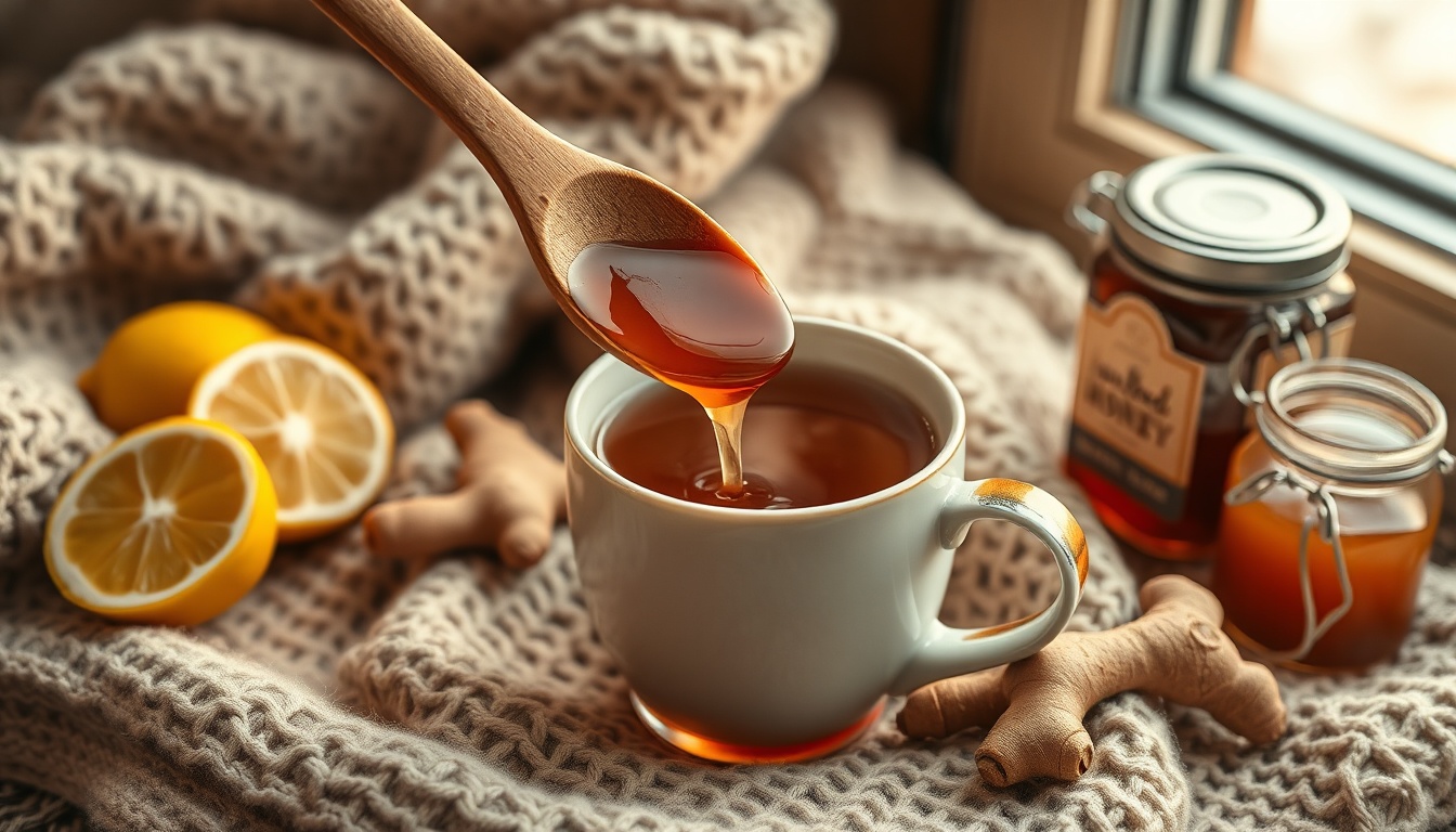 Warm honey-lemon-ginger tea with dark buckwheat honey, a cozy winter cold remedy scene