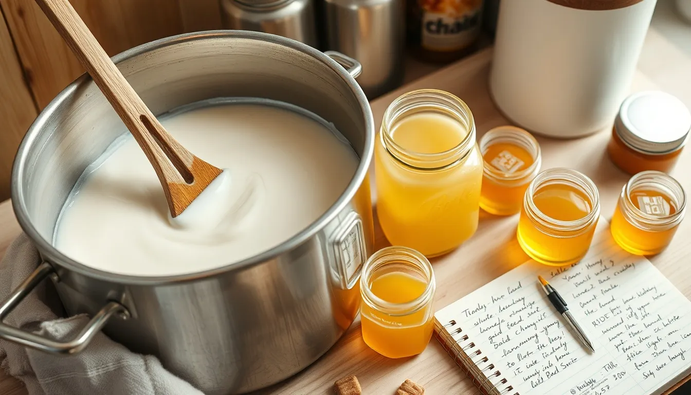 Creamed honey making process with smooth white creamed honey being stirred beside liquid golden honey for comparison