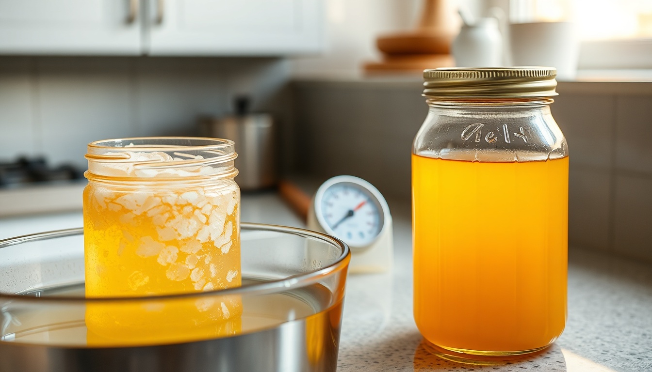 Glass jar of crystallized honey in a warm water bath next to a jar of perfectly smooth liquid honey