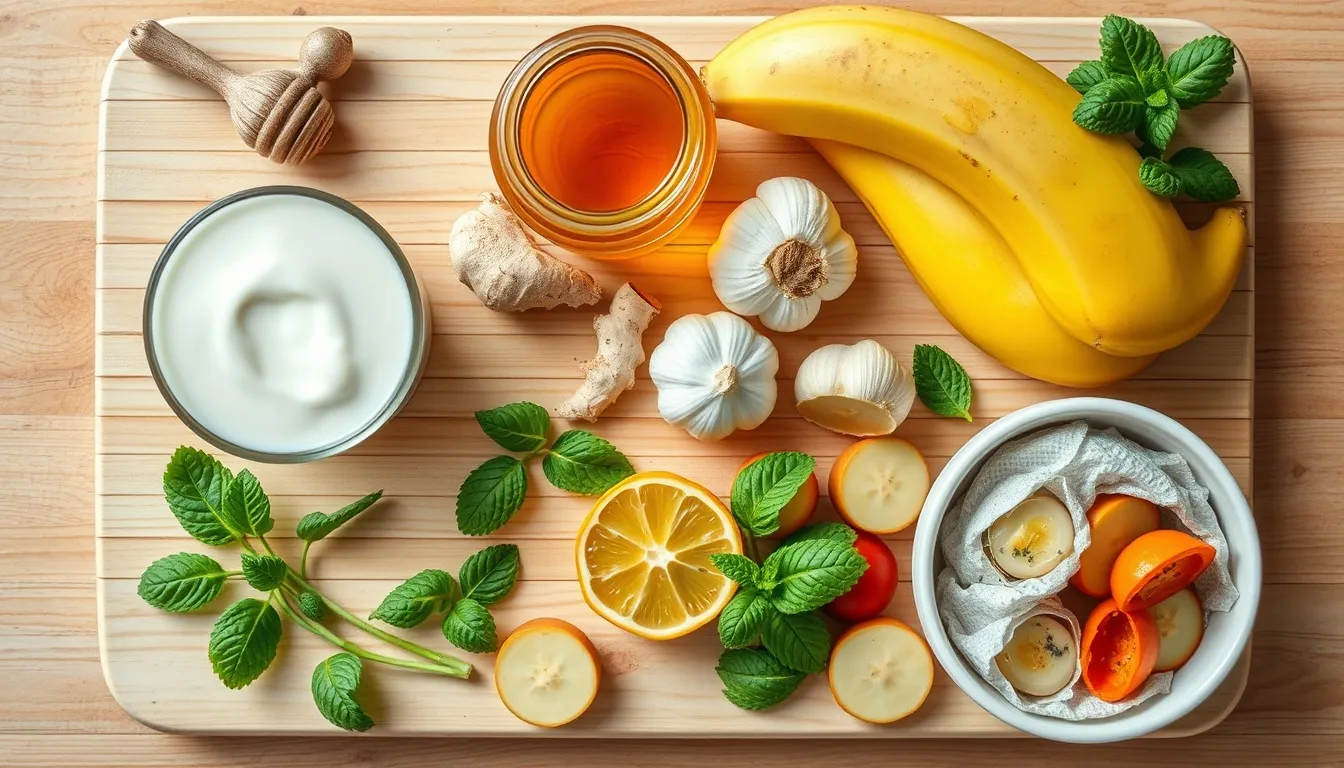 Overhead flat lay of gut-health foods including raw honey, yogurt, ginger, garlic, and fermented vegetables