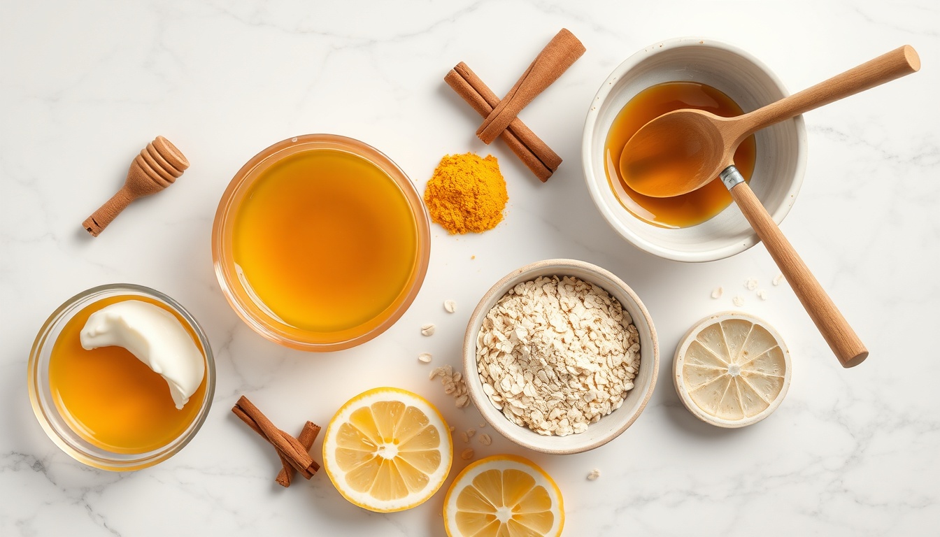 DIY honey face mask ingredients flat lay with raw honey, yogurt, turmeric, avocado, and oatmeal on white marble