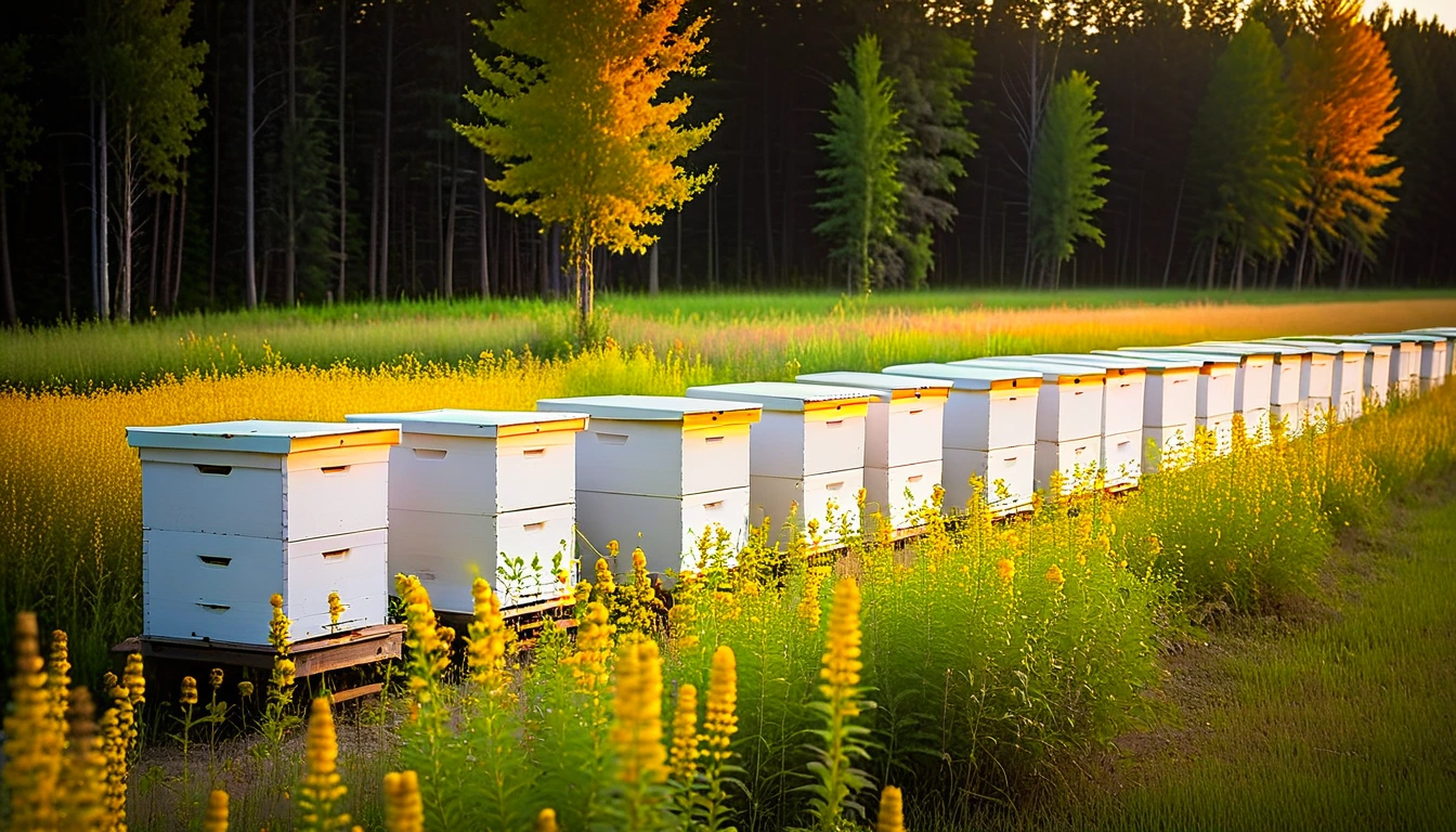 A row of white beehives at the edge of a meadow of yellow goldenrod at golden hour, trees turning orange behind