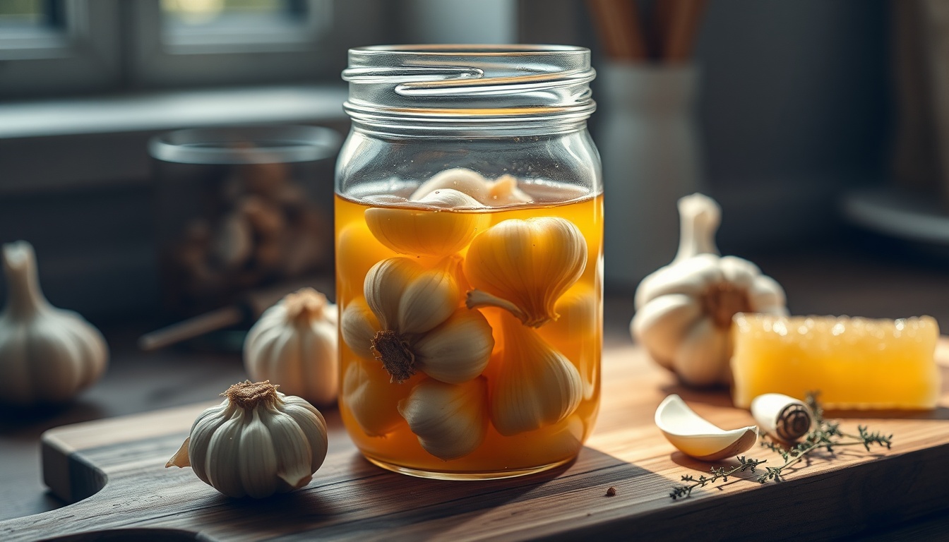 Mason jar of whole garlic cloves fermenting in golden raw honey with fermentation bubbles