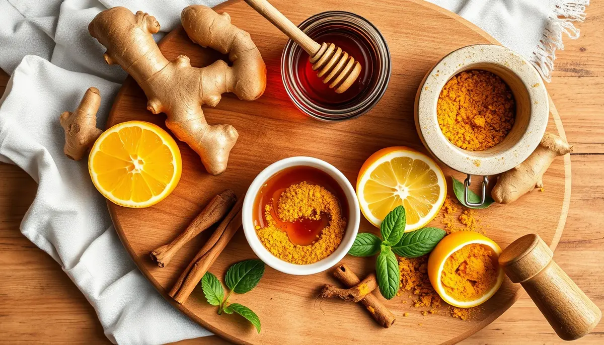 Overhead flat lay of honey and ginger wellness ingredients: fresh ginger, raw honey, lemon, turmeric, cinnamon, and mint