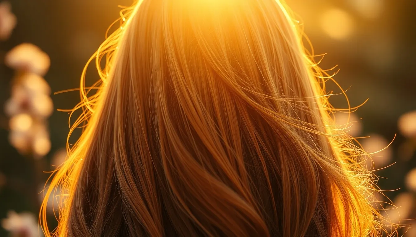 Beautiful healthy shiny hair with golden light streaming through