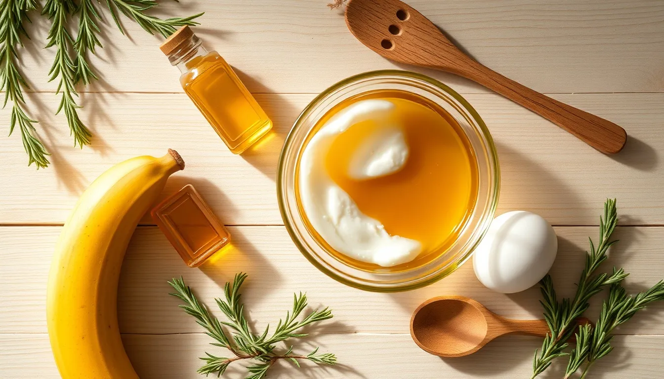 DIY honey hair mask ingredients on wooden table with honey, coconut oil, banana, and rosemary