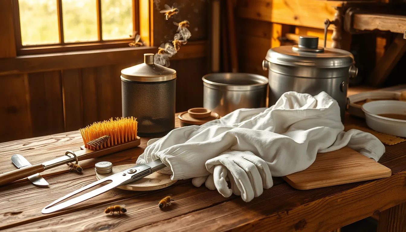 Beekeeping harvest equipment laid out on rustic workbench