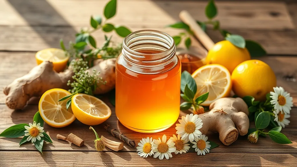 Jar of raw honey surrounded by herbs, lemon, and ginger