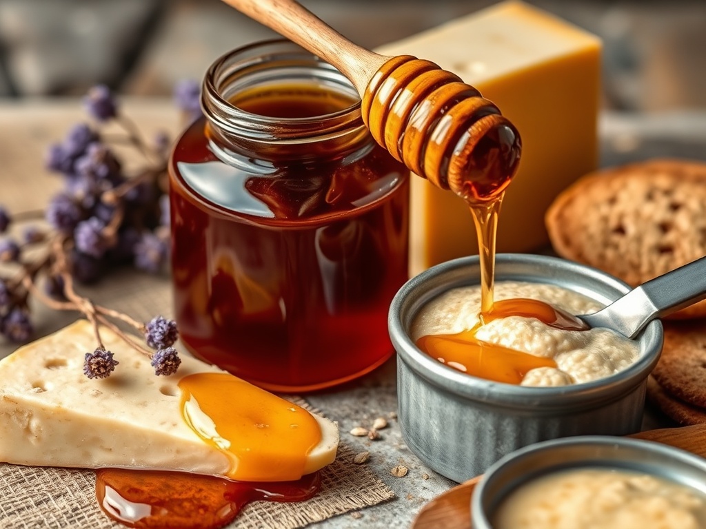 Dark amber heather honey in glass jar with wooden dipper, aged Scottish cheddar, oatcakes, and dried heather sprigs on stone surface