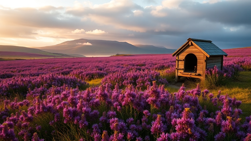 Purple heather moorland in full bloom on Scottish Highland hillside with honey bees foraging on Calluna vulgaris flowers