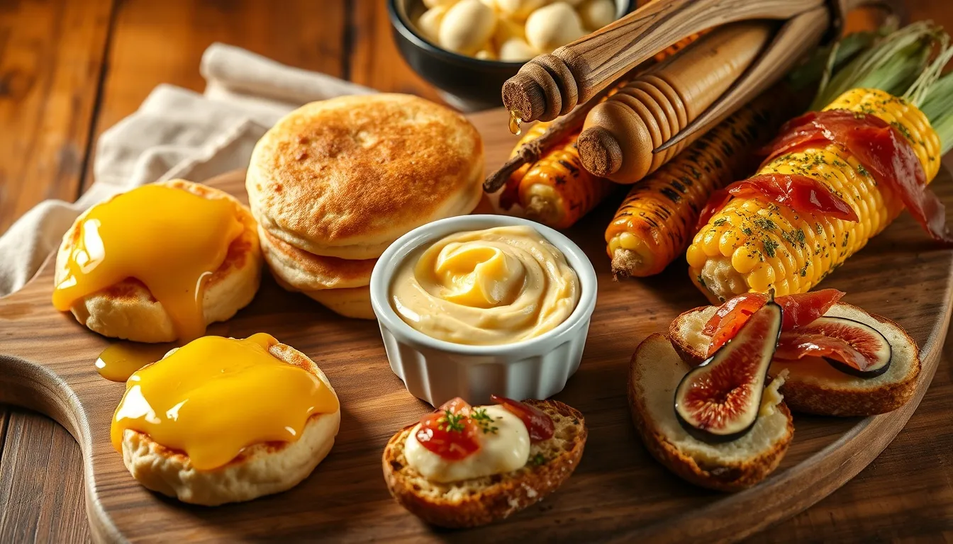 Honey butter melting on hot biscuit, pancakes, grilled corn, and crostini with prosciutto and fig