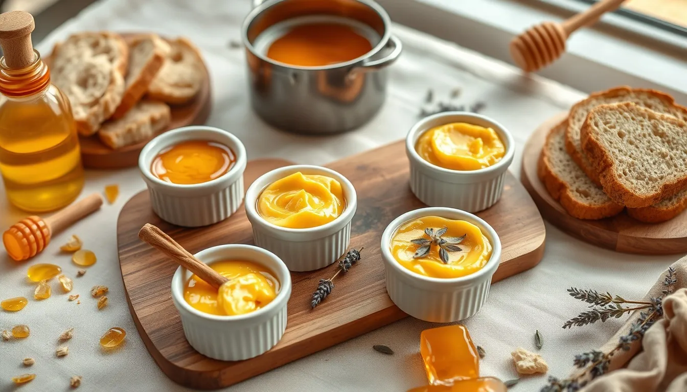 Three honey butter varieties in ceramic ramekins — classic, cinnamon, and lavender — with fresh biscuits and sourdough bread