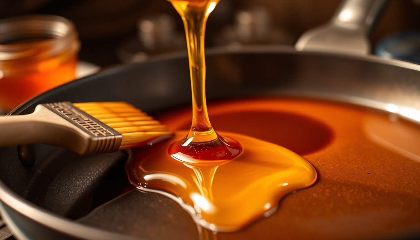 Golden honey being drizzled onto a hot pan creating amber caramel bubbles