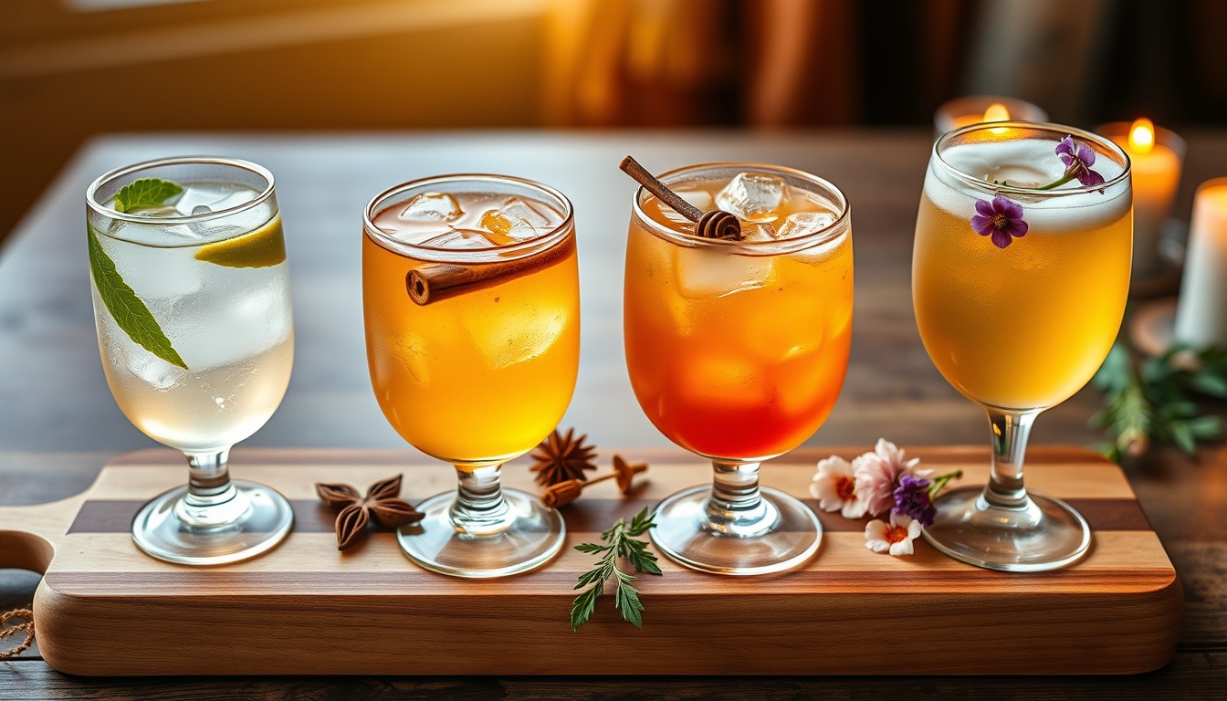 Four seasonal honey drinks — summer lemonade, autumn cider, winter toddy, and spring fizz — on a wooden board