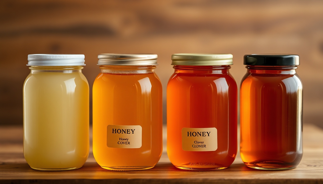Honey jars arranged by color from pale acacia to dark buckwheat, showing the full PFUND spectrum